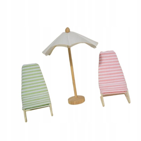 3-teiliges Set 1:12 Puppenhaus-Strandkorb und Sonnenschirm aus Holz