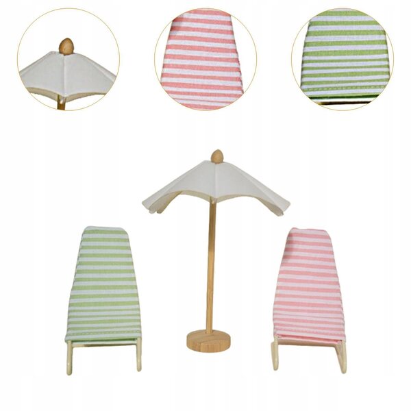 3-teiliges Set 1:12 Puppenhaus-Strandkorb und Sonnenschirm aus Holz