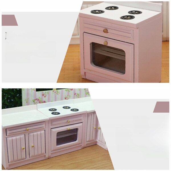 Mini cucina a gas in legno rosa per casa delle bambole e decorazioni creative