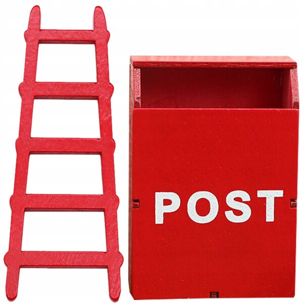 Set miniatura: scala e cassetta postale rossa in legno per decorazioni e giochi