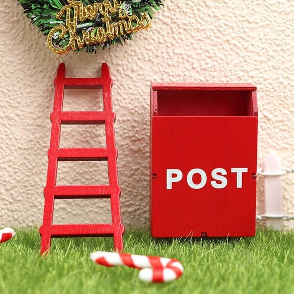 Set miniatura: scala e cassetta postale rossa in legno per decorazioni e giochi