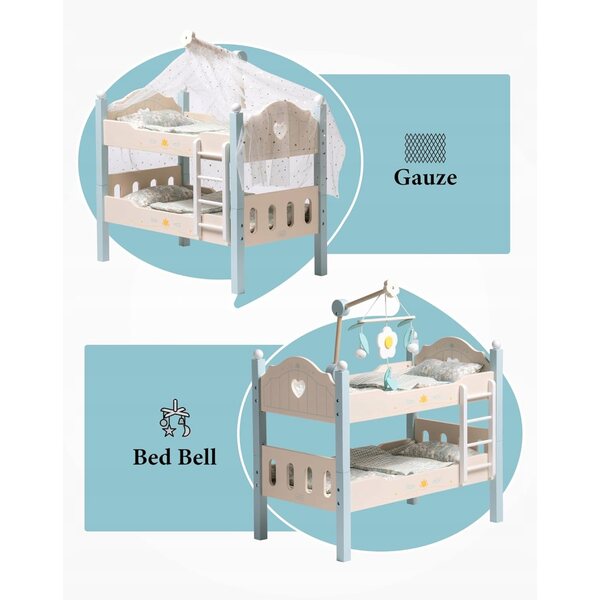 Letto in legno per bambole blu Robud con biancheria, giocattolo per bambini 3+