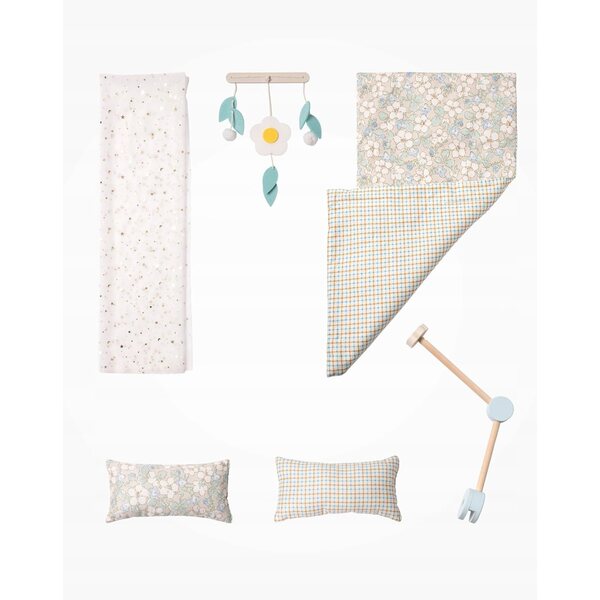 Letto in legno per bambole blu Robud con biancheria, giocattolo per bambini 3+