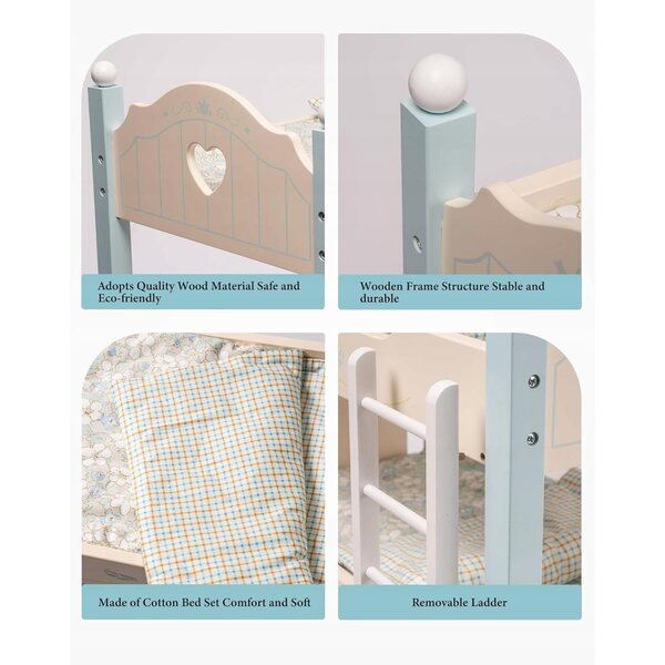 Letto in legno per bambole blu Robud con biancheria, giocattolo per bambini 3+