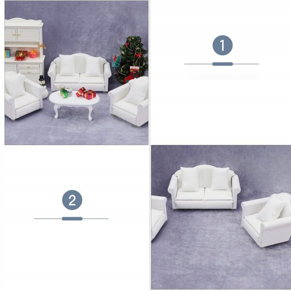 Set Mini Divani Bianchi in Legno e Tessuto per Casa delle Bambole, Decorazione Elegante