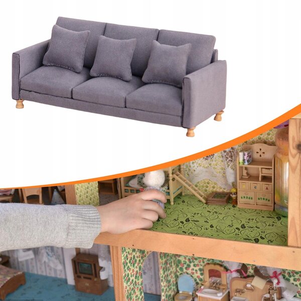 Miniatura sofa 1:12 con cuscini, ricca decorazione scura ideale per casa bambole