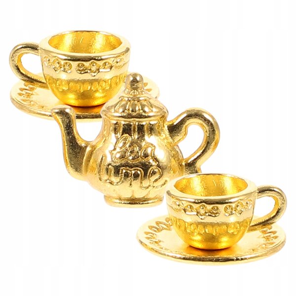Miniature tesæt i metal med kopper til børn og dukkehuse