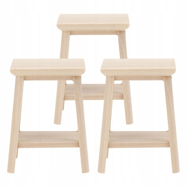 Set 3 Miniature Sgabelli in Legno Beige per Casa delle Bambole, Decorazioni Miniature