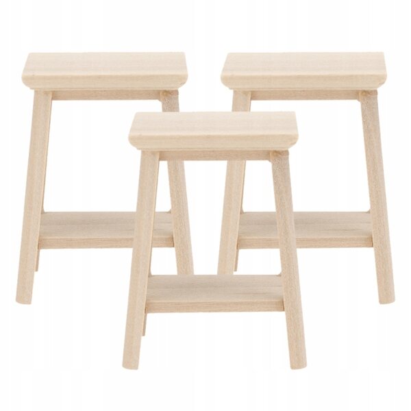Set 3 Miniature Sgabelli in Legno Beige per Casa delle Bambole, Decorazioni Miniature
