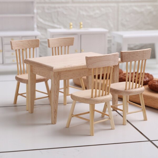 Mini-Möbelset aus Holz, Tisch und Stühlen für DIY-Miniaturhäuser, Beige