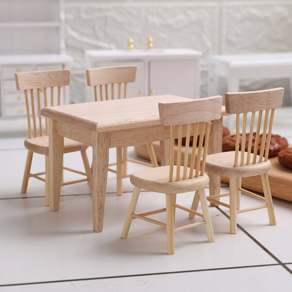 Mini-Möbelset aus Holz, Tisch und Stühlen für DIY-Miniaturhäuser, Beige