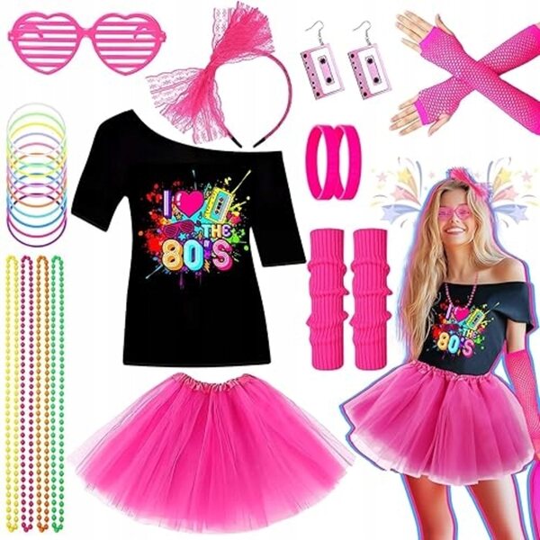 80er-Jahre-Kostümset für Damen, 10-teilig, für Karneval und Vintage-Mottopartys