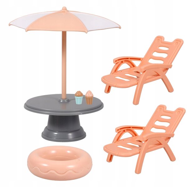 Miniatur-Set orangefarbener ABS-Strandstühle für das Puppenhaus
