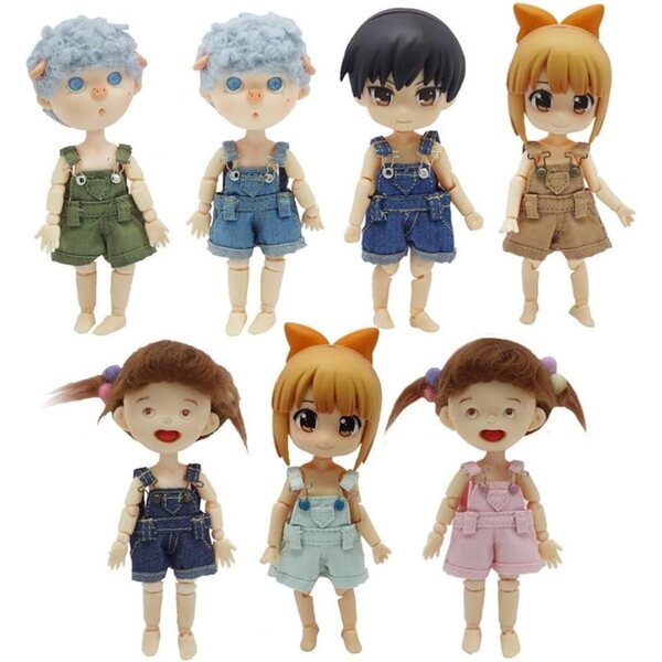 Khakifarbene Denim-Overalls für OB11-BJD-Puppen im Maßstab 1:12 – Freizeitkleidung