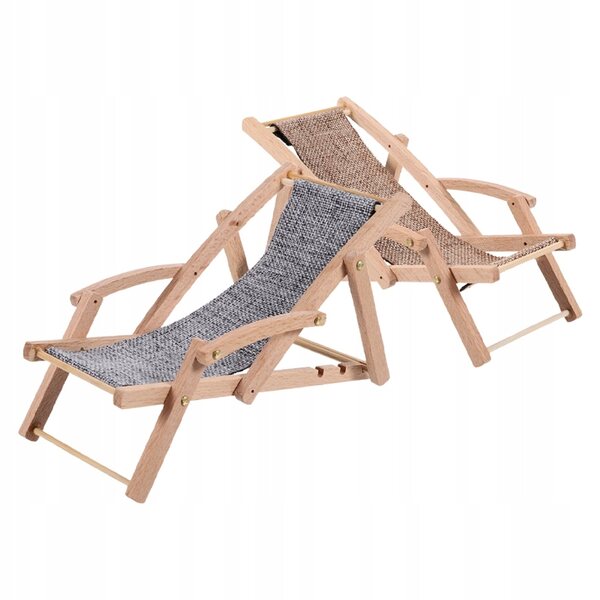Holzminiaturen von 2 Strandliegestühlen für Haus- und Puppendekorationen