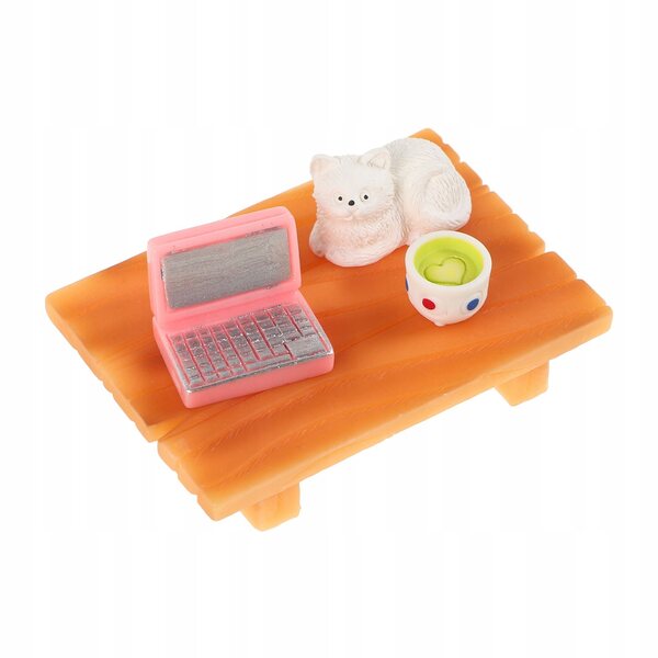 Set Mini Scrivania Rosa con Computer, Gatto e Tazza per Casa delle Bambole