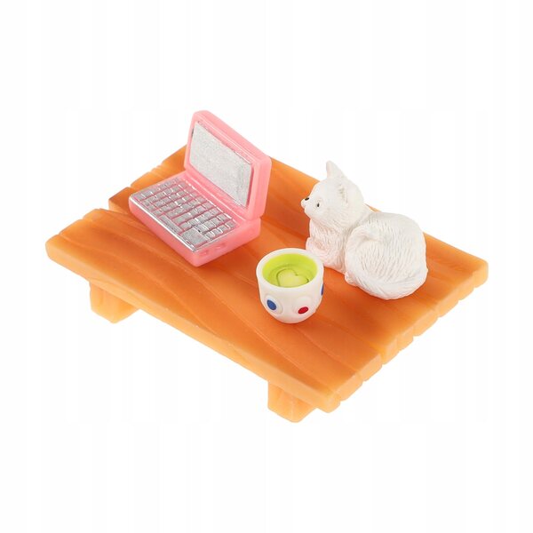Set Mini Scrivania Rosa con Computer, Gatto e Tazza per Casa delle Bambole