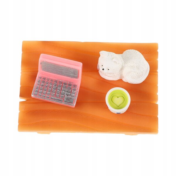 Set Mini Scrivania Rosa con Computer, Gatto e Tazza per Casa delle Bambole