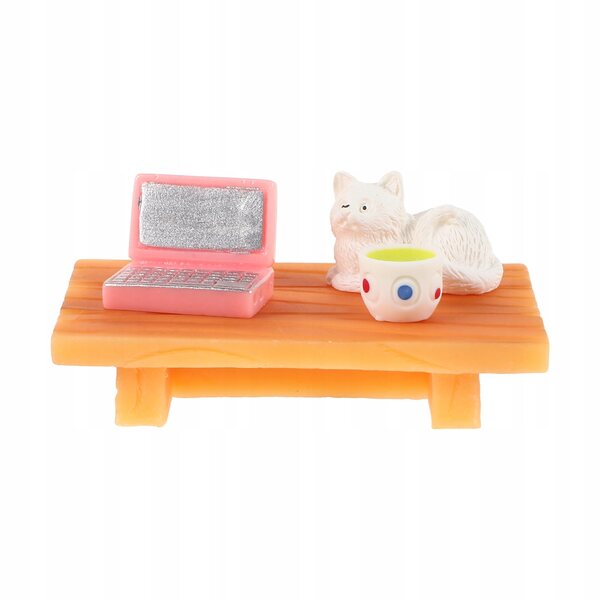 Set Mini Scrivania Rosa con Computer, Gatto e Tazza per Casa delle Bambole