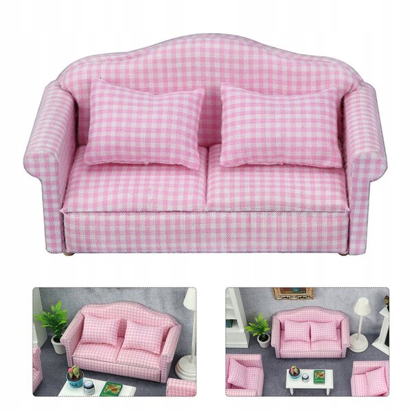 Miniatur-Vintage-Sofa in Rosa aus Holz und Stoff für Puppenhaus mit Kissen