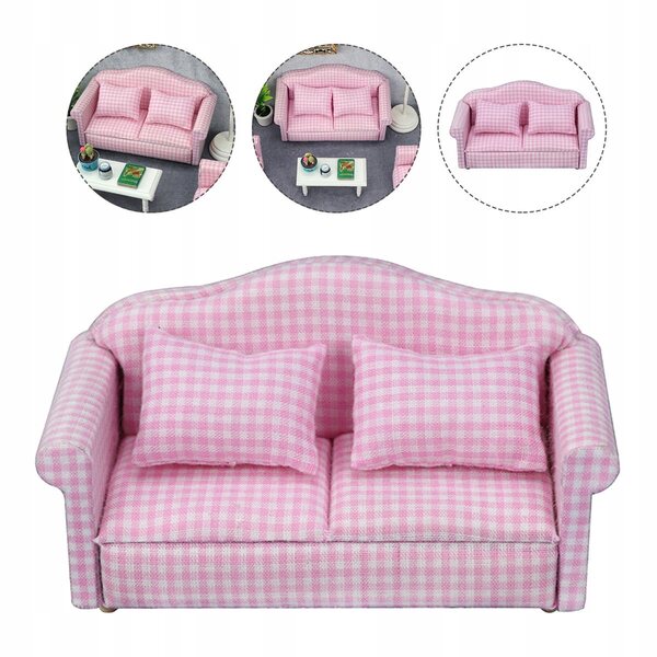 Miniatur-Vintage-Sofa in Rosa aus Holz und Stoff für Puppenhaus mit Kissen