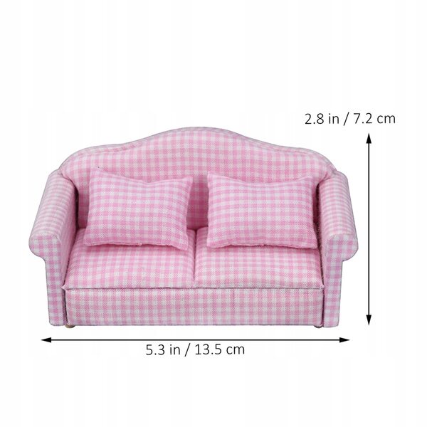 Miniatur-Vintage-Sofa in Rosa aus Holz und Stoff für Puppenhaus mit Kissen