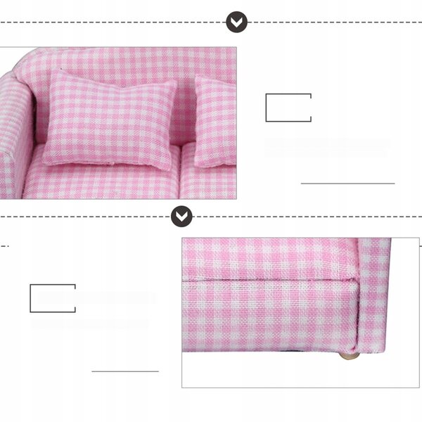 Miniatur-Vintage-Sofa in Rosa aus Holz und Stoff für Puppenhaus mit Kissen