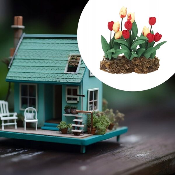 Casa delle bambole Tulipani nell'erba - giardino in miniatura 1:12 in resina