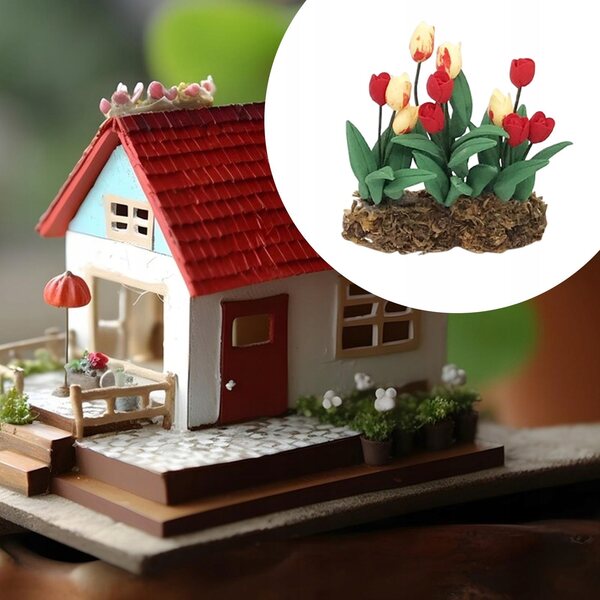 Casa delle bambole Tulipani nell'erba - giardino in miniatura 1:12 in resina