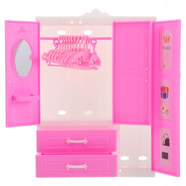 Set armadio rosa con appendiabiti per bambole, accessori per casa giochi