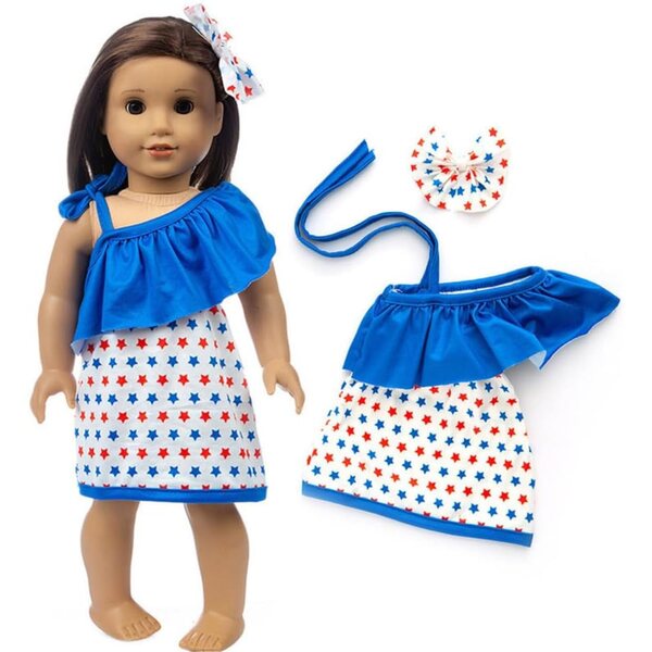 Schulterfreies Kleid für 46-cm-Puppen mit Sternenmuster und Schleifenkopfschmuck