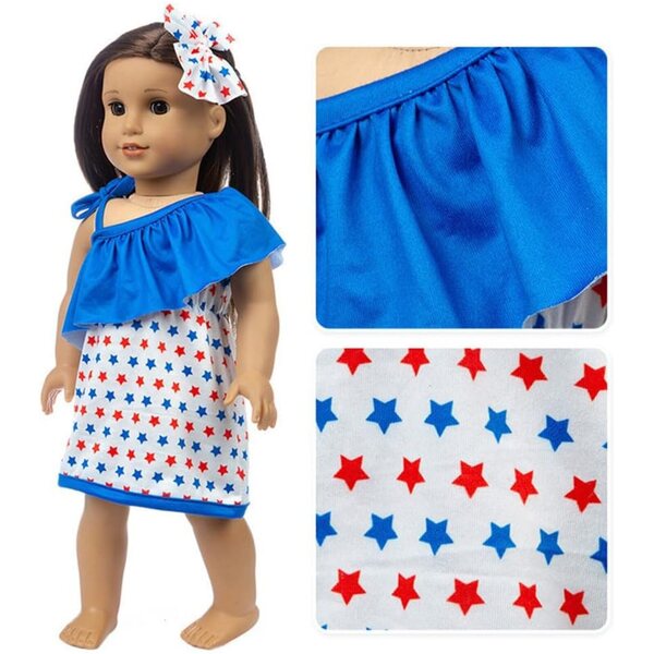Schulterfreies Kleid für 46-cm-Puppen mit Sternenmuster und Schleifenkopfschmuck