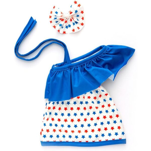 Schulterfreies Kleid für 46-cm-Puppen mit Sternenmuster und Schleifenkopfschmuck