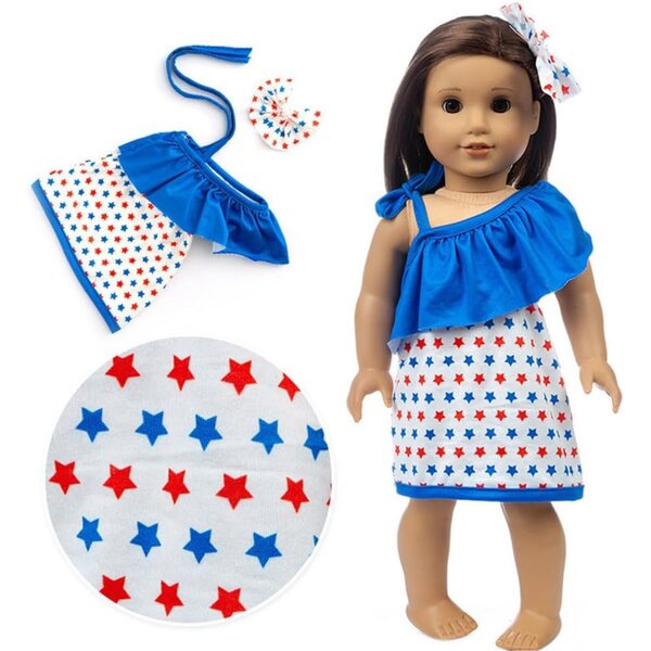 Schulterfreies Kleid für 46-cm-Puppen mit Sternenmuster und Schleifenkopfschmuck