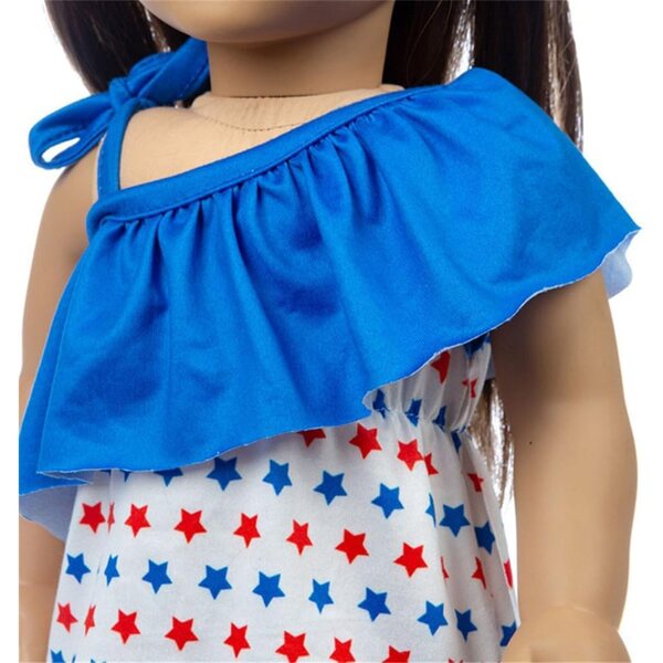 Schulterfreies Kleid für 46-cm-Puppen mit Sternenmuster und Schleifenkopfschmuck