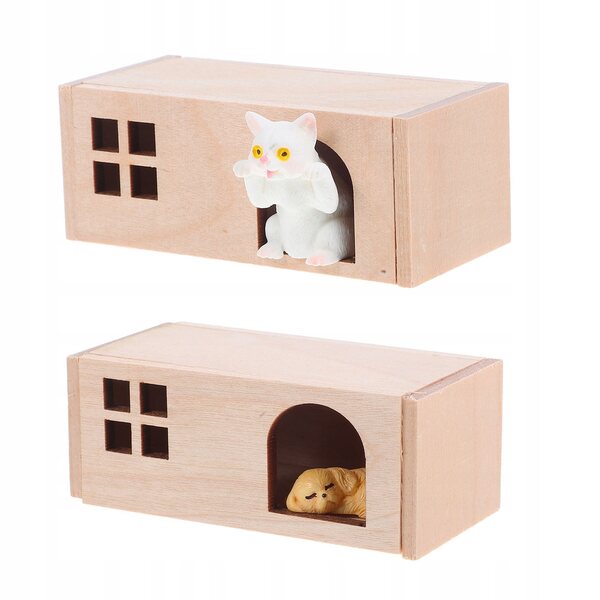 Miniature dyrehus i træ og harpiks med realistisk kat og hvalp