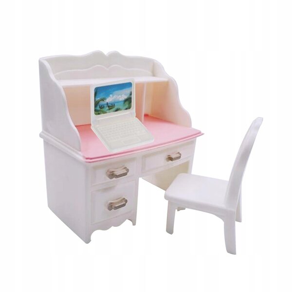 Miniatuur bureau en stoelset met witte laptop voor poppenhuis