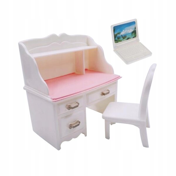 Set Miniatura Scrivania e Sedia con Laptop Bianco per Casa delle Bambole