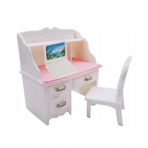 Set Miniatura Scrivania e Sedia con Laptop Bianco per Casa delle Bambole