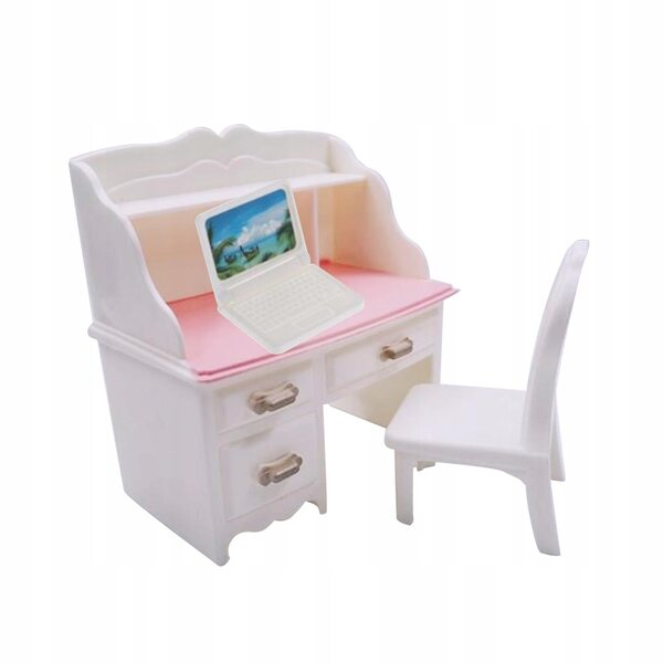 Set Miniatura Scrivania e Sedia con Laptop Bianco per Casa delle Bambole