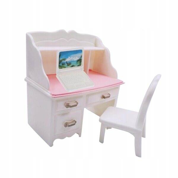 Set Miniatura Scrivania e Sedia con Laptop Bianco per Casa delle Bambole