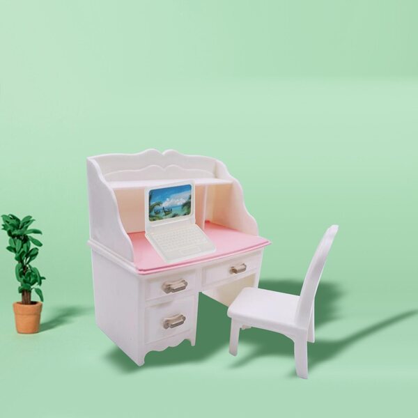 Set Miniatura Scrivania e Sedia con Laptop Bianco per Casa delle Bambole