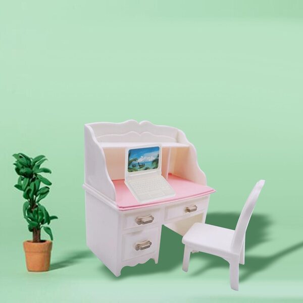 Set Miniatura Scrivania e Sedia con Laptop Bianco per Casa delle Bambole