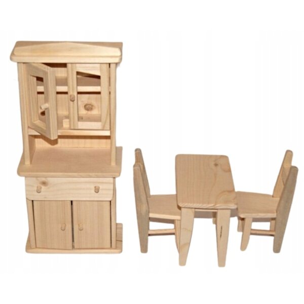 Set Mobili in Legno per Cucina delle Bambole con Tavolo, Sedie e Credenza