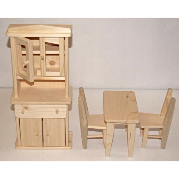 Set Mobili in Legno per Cucina delle Bambole con Tavolo, Sedie e Credenza