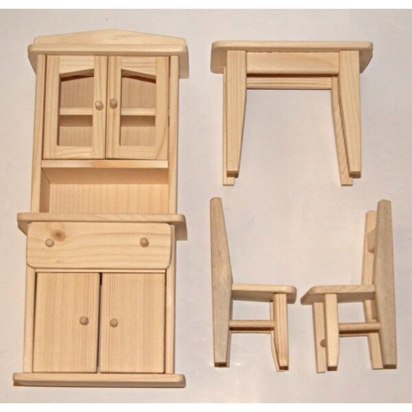Set Mobili in Legno per Cucina delle Bambole con Tavolo, Sedie e Credenza