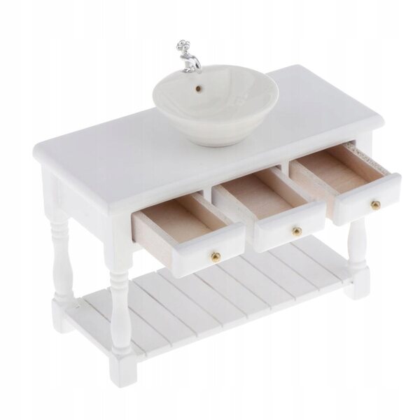 Keramik-Waschbecken-Set mit Schrank, 1:12, Puppenhaus, Weiß
