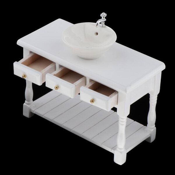 Keramik-Waschbecken-Set mit Schrank, 1:12, Puppenhaus, Weiß