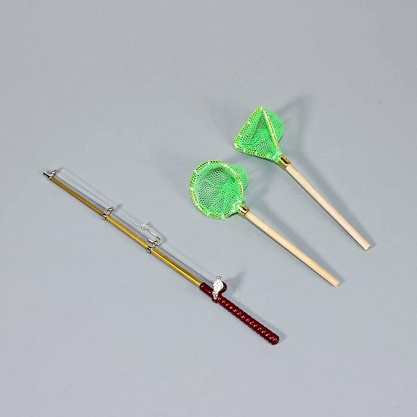 Miniature fiskestang med grønt net til dukkehus - Realistisk tilbehør 14 cm
