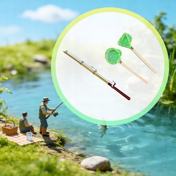 Miniature fiskestang med grønt net til dukkehus - Realistisk tilbehør 14 cm